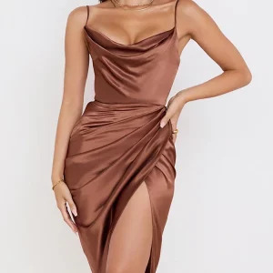 Y2K Satin Midi Dress - Ruched Cowl Neck, Split, Adjustable Straps, Asymmetrical Zipper Party Dress