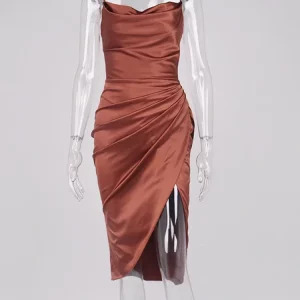 Y2K Satin Midi Dress - Ruched Cowl Neck, Split, Adjustable Straps, Asymmetrical Zipper Party Dress