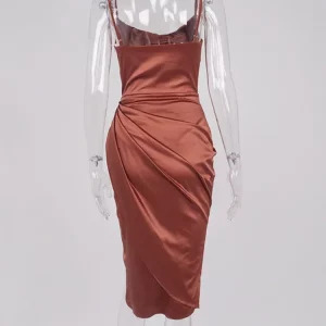 Y2K Satin Midi Dress - Ruched Cowl Neck, Split, Adjustable Straps, Asymmetrical Zipper Party Dress