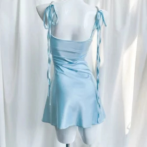 Y2K Satin White Mini Dress with Crystal Straps - Sexy Club Party Outfit, 90s Grunge Summer Fashion