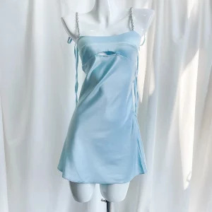 Y2K Satin White Mini Dress with Crystal Straps - Sexy Club Party Outfit, 90s Grunge Summer Fashion