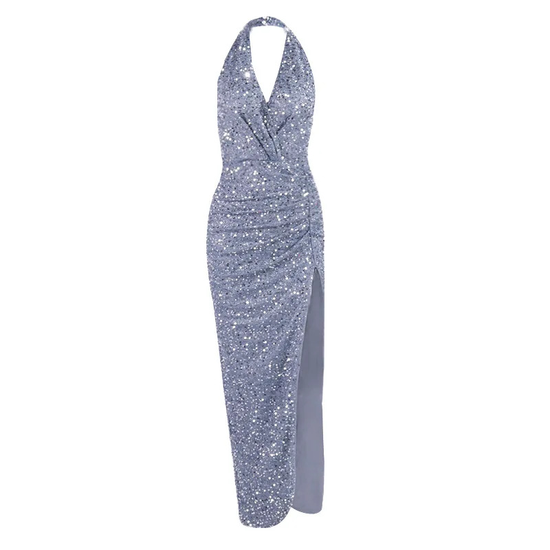 Y2K Sequin Halter Dress - Silver Backless Bodycon for Summer Parties & 90s Fashion