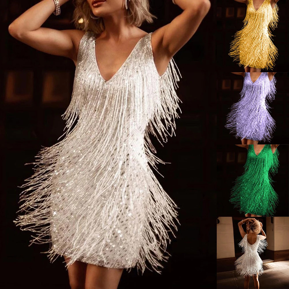 Y2K Sexy Backless Bodycon Dress - Sequin Tassel V-Neck Mini Skirt for Summer Parties & 90s Fashion