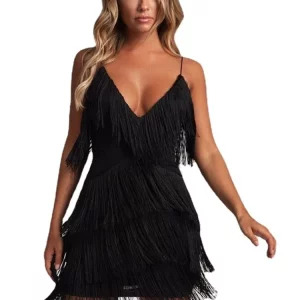 Y2K Sexy Deep V-Neck Spaghetti Straps Fringe Bodycon Mini Dress - 90s Grunge, Retro, Club Party Outfit