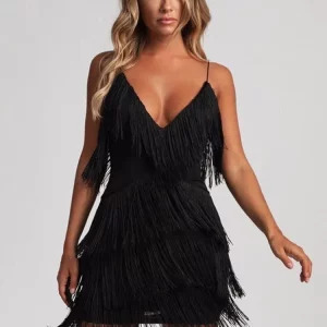 Y2K Sexy Deep V-Neck Spaghetti Straps Fringe Bodycon Mini Dress - 90s Grunge, Retro, Club Party Outfit