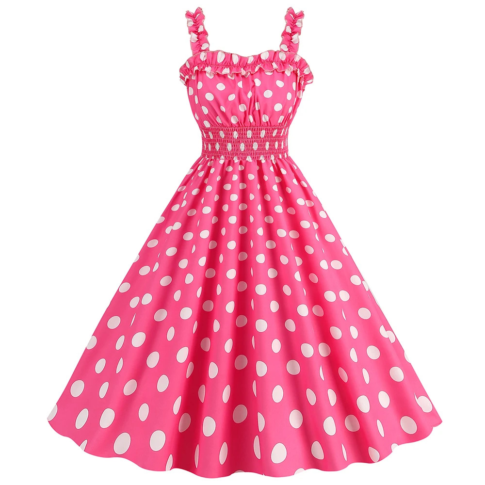 Y2K Sexy Slim Polka Dot Pink Camisole Dress - Vintage 90s Grunge Spaghetti Strap Knee Length Slip Dress