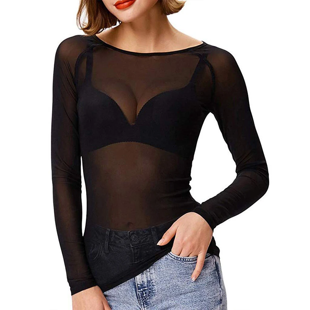 Y2K Sheer Mesh Long Sleeve Top - Sexy Slim Fit, Retro 90s Grunge, Club & Party Outfit