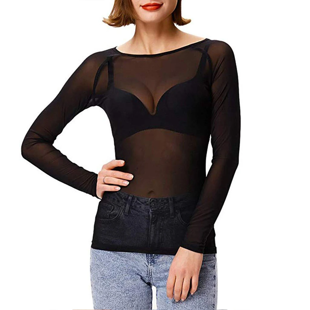 Y2K Sheer Mesh Long Sleeve Top - Sexy Slim Fit, Retro 90s Grunge, Club & Party Outfit