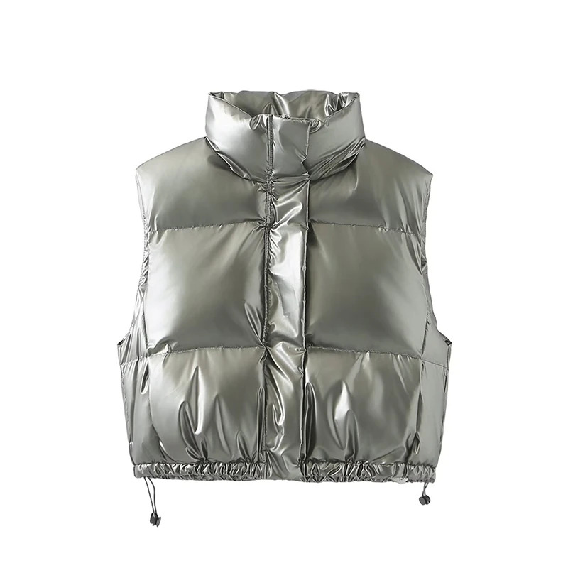 Y2K Silver Glossy Puffer Vest - Retro 90s Fashion, Grunge, and Hip Hop Style for Women