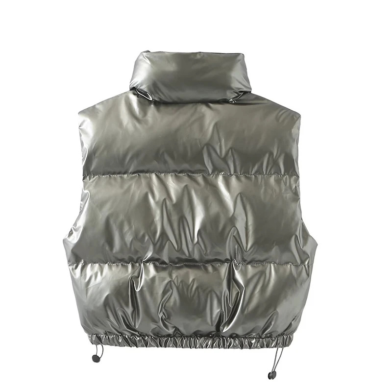 Y2K Silver Glossy Puffer Vest - Retro 90s Fashion, Grunge, and Hip Hop Style for Women