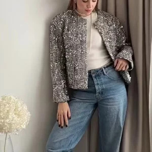 Y2K Silver Sequin Embellished Jacket - Retro 90s Fashion, Grunge, Club & Party Outfits