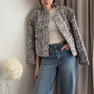 Y2K Silver Sequin Embellished Jacket - Retro 90s Fashion, Grunge, Club & Party Outfits