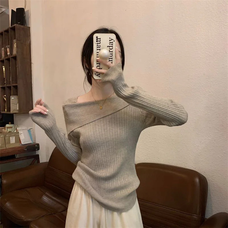 Y2K Slash Neck Knitted Sweater - Elegant Slim Fit Long Sleeve Knitwear, 90s Grunge Fashion