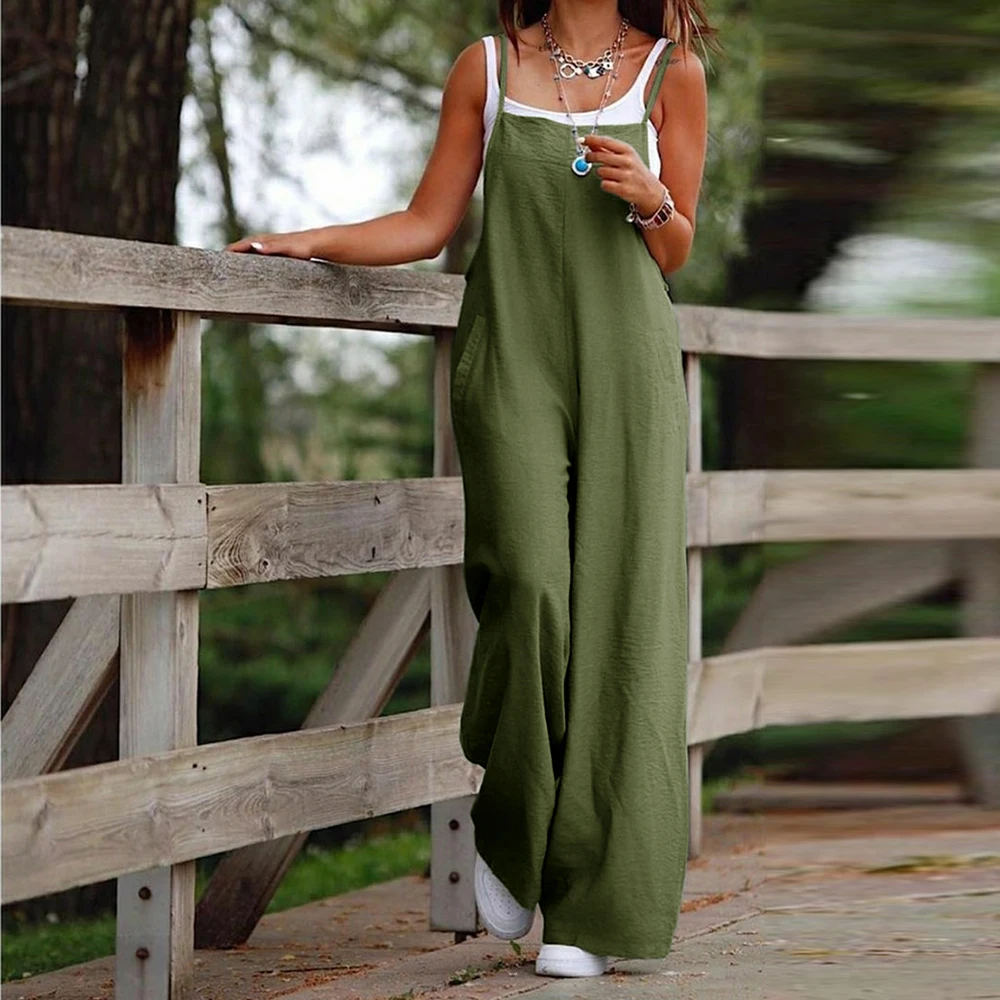 Y2K Sleeveless Plus Size Jumpsuit - Cotton Linen, Wide Leg, Casual 90s Grunge One-Piece Outfit