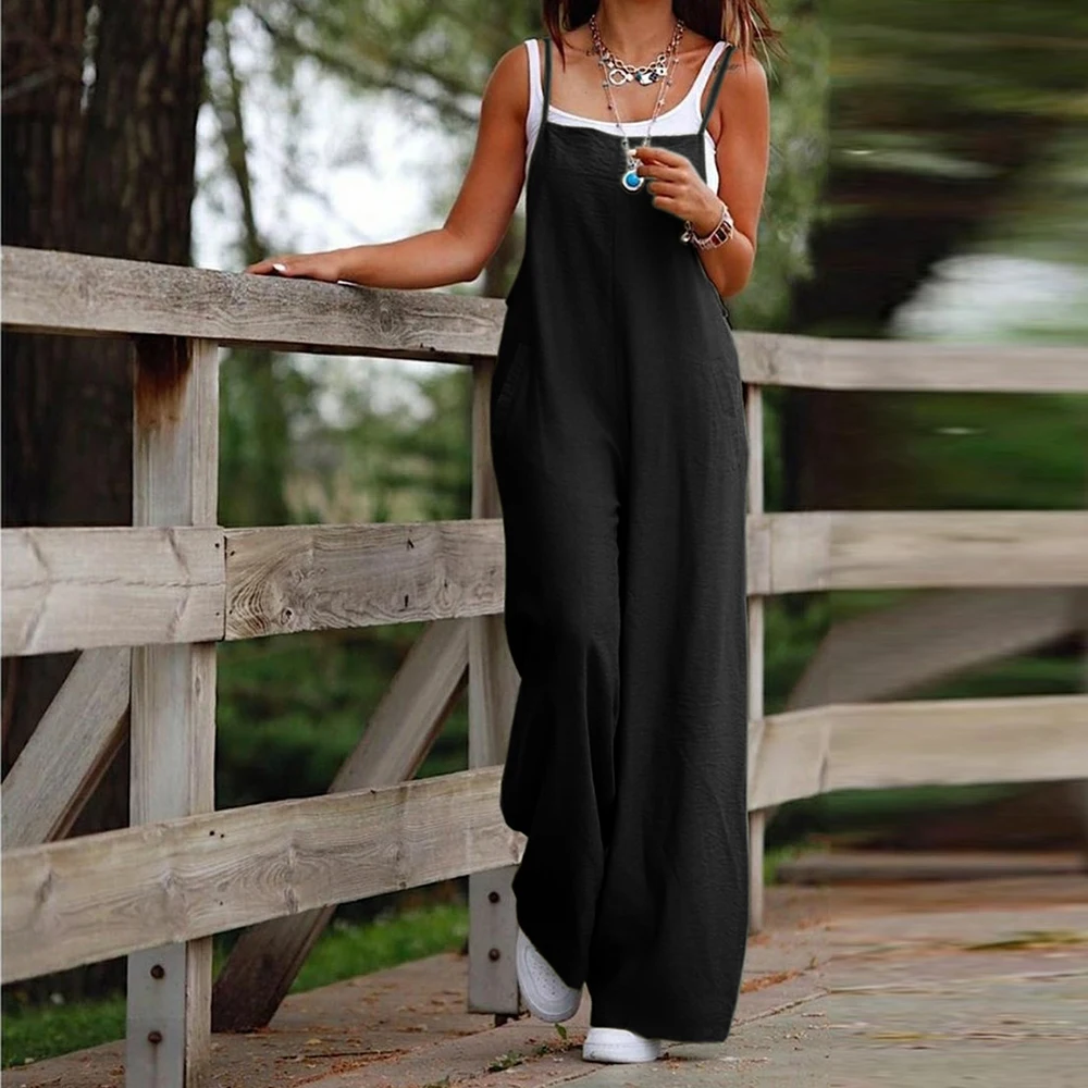 Y2K Sleeveless Plus Size Jumpsuit - Cotton Linen, Wide Leg, Casual 90s Grunge One-Piece Outfit