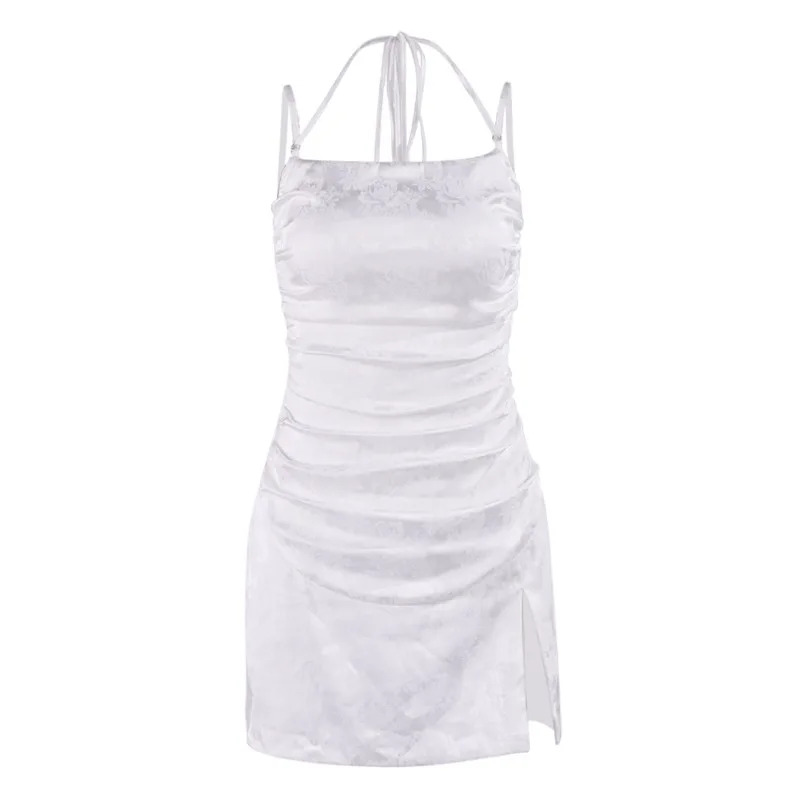 Y2K Spaghetti Strap Jacquard Satin Dress - White Bodycon Mini Lace Up Summer Party Outfit