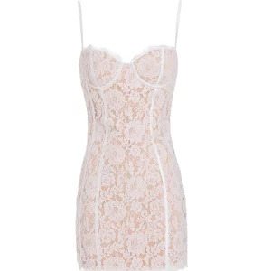 Y2K Spaghetti Strap Lace Bodycon Dress - White Satin Sexy Summer Party Mini Dress