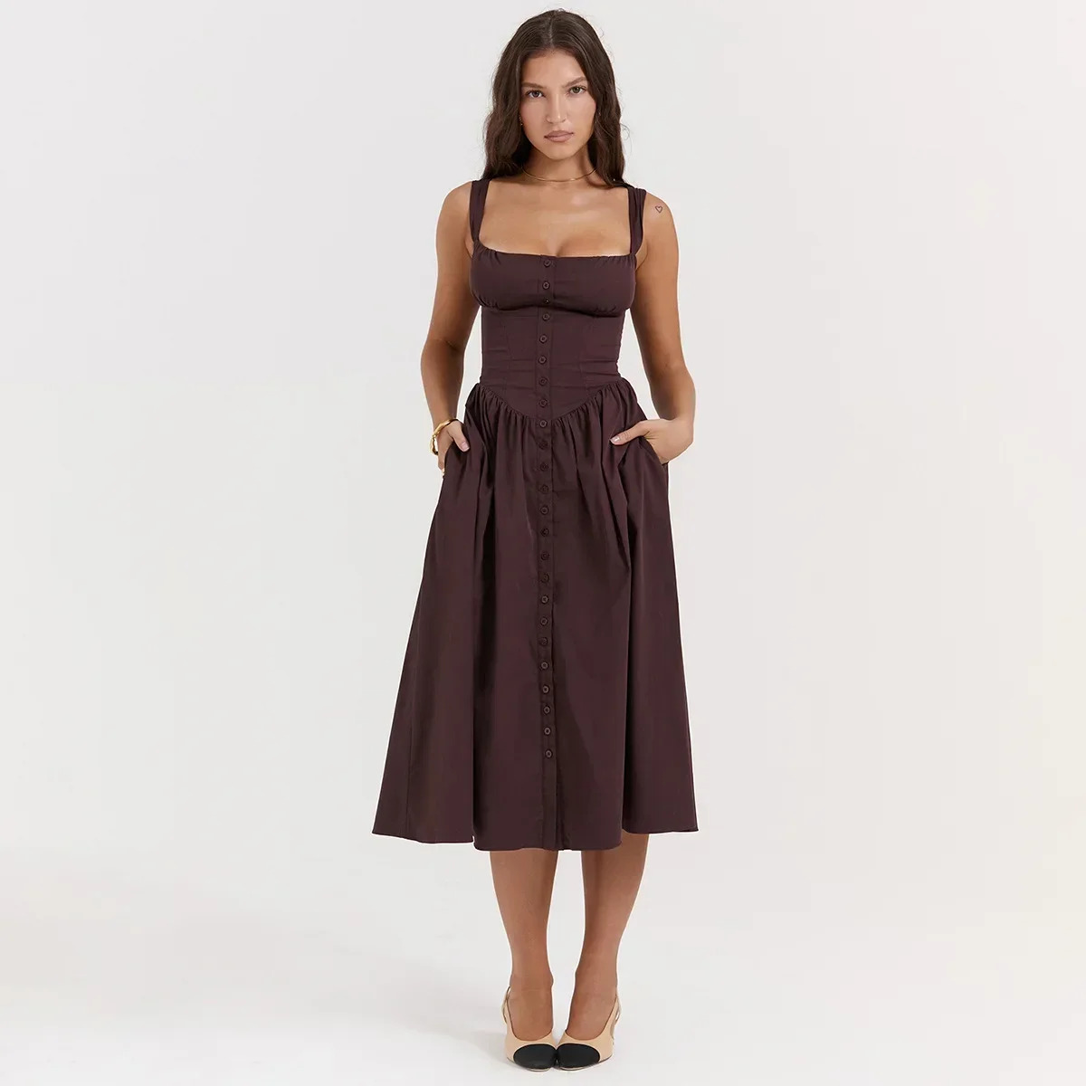 Y2K Spaghetti Strap Midi Dress - Trendy Brown Long One-Piece for Retro 90s Fashion & Summer Outfits