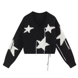 Y2K Star Print Cropped Sweater - Harajuku Streetwear Pullover