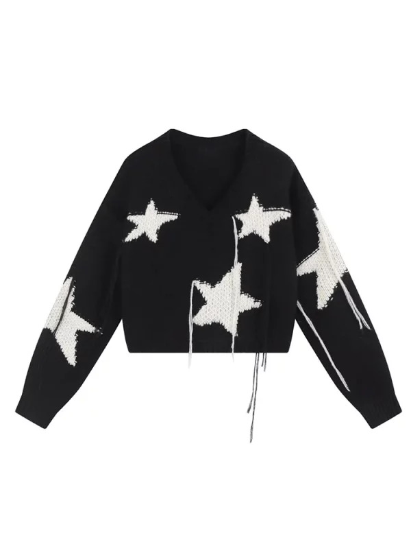 Y2K Star Print Cropped Sweater - Harajuku Streetwear Pullover