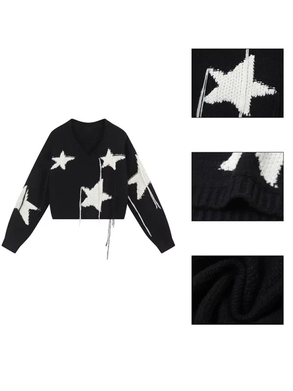 Y2K Star Print Cropped Sweater - Harajuku Streetwear Pullover