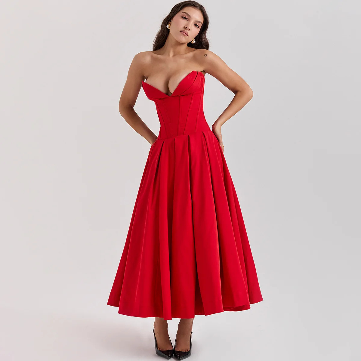 Y2K Strapless Midi Dress - Elegant Red Summer Party Outfit, 90s Fashion, Grunge, Retro Style