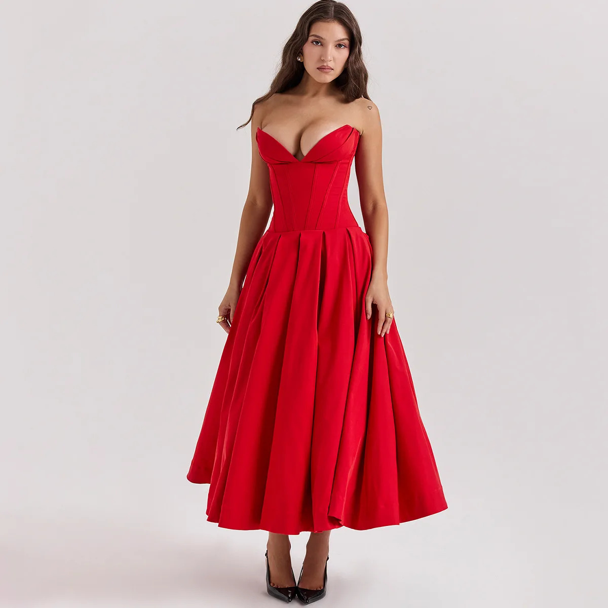 Y2K Strapless Midi Dress - Elegant Red Summer Party Outfit, 90s Fashion, Grunge, Retro Style