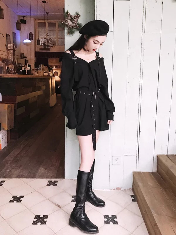 Y2K Streetwear Gothic Suspender Dress - Grunge Gyaru Style Mini Tunic Frocks