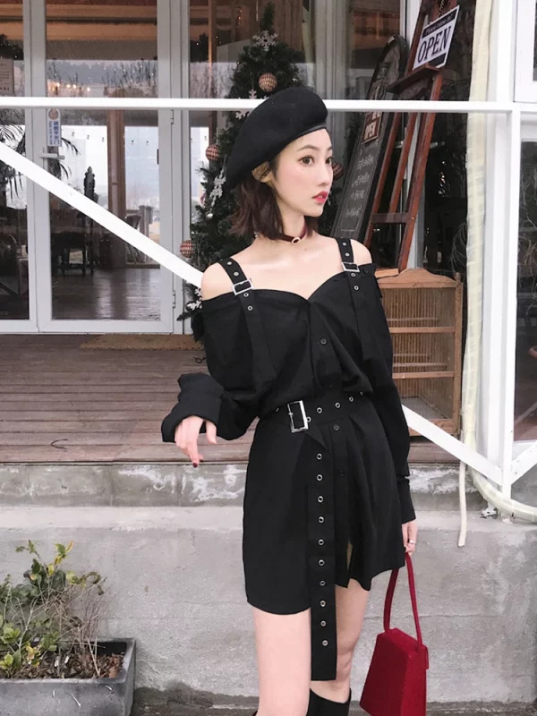 Y2K Streetwear Gothic Suspender Dress - Grunge Gyaru Style Mini Tunic Frocks