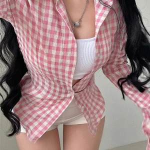 Y2K Streetwear Plaid Shirt: Korean Fashion Gyaru Long Sleeve Tunic Blouse - Ins Street Chic Coquette