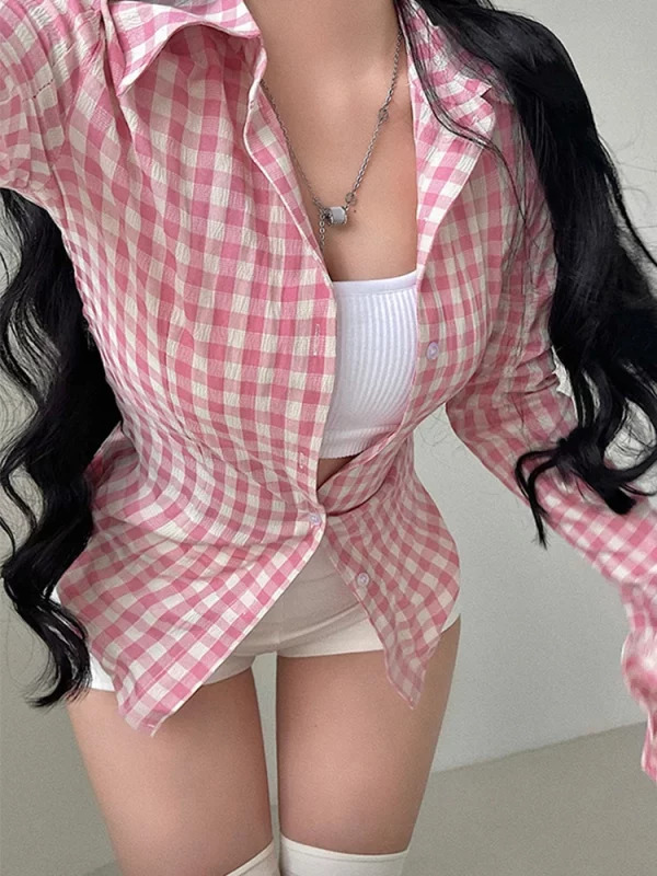 Y2K Streetwear Plaid Shirt: Korean Fashion Gyaru Long Sleeve Tunic Blouse - Ins Street Chic Coquette