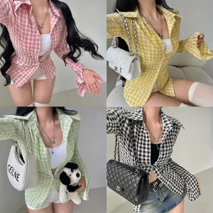 Y2K Streetwear Plaid Shirt: Korean Fashion Gyaru Long Sleeve Tunic Blouse - Ins Street Chic Coquette