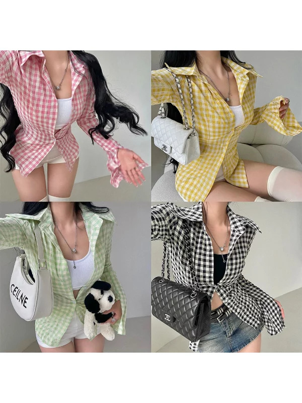 Y2K Streetwear Plaid Shirt: Korean Fashion Gyaru Long Sleeve Tunic Blouse - Ins Street Chic Coquette