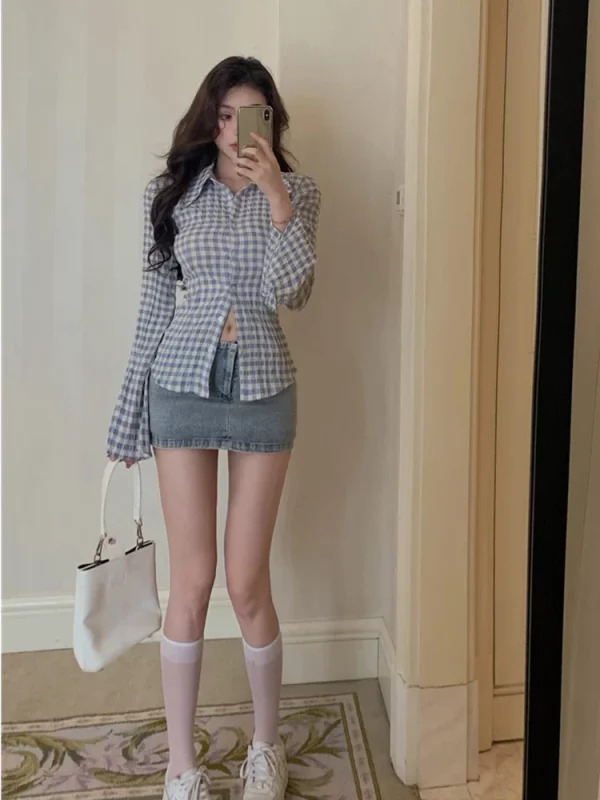 Y2K Streetwear Plaid Shirt: Korean Fashion Gyaru Long Sleeve Tunic Blouse - Ins Street Chic Coquette