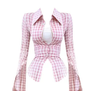 Y2K Streetwear Plaid Shirt: Korean Fashion Gyaru Long Sleeve Tunic Blouse - Ins Street Chic Coquette