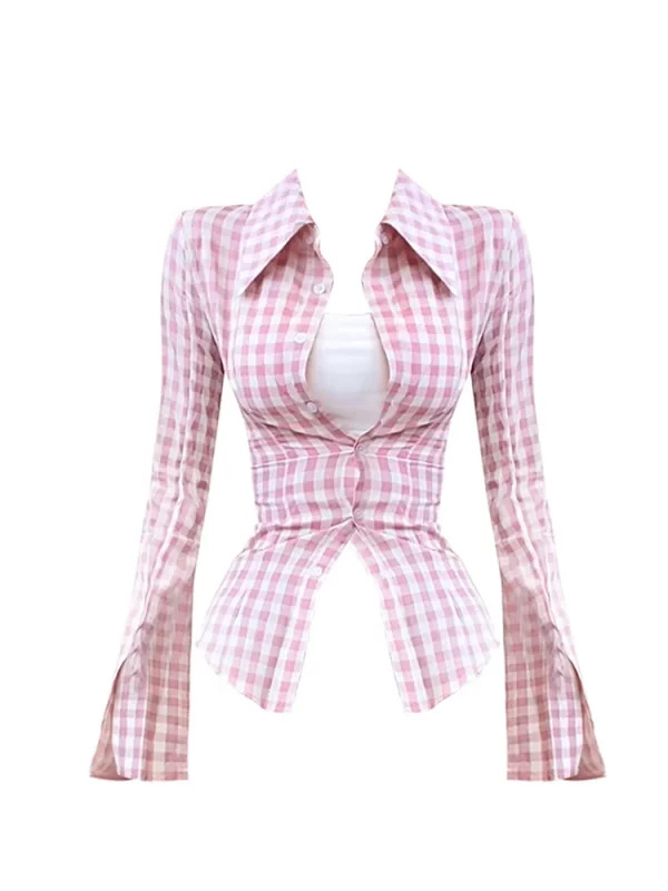 Y2K Streetwear Plaid Shirt: Korean Fashion Gyaru Long Sleeve Tunic Blouse - Ins Street Chic Coquette