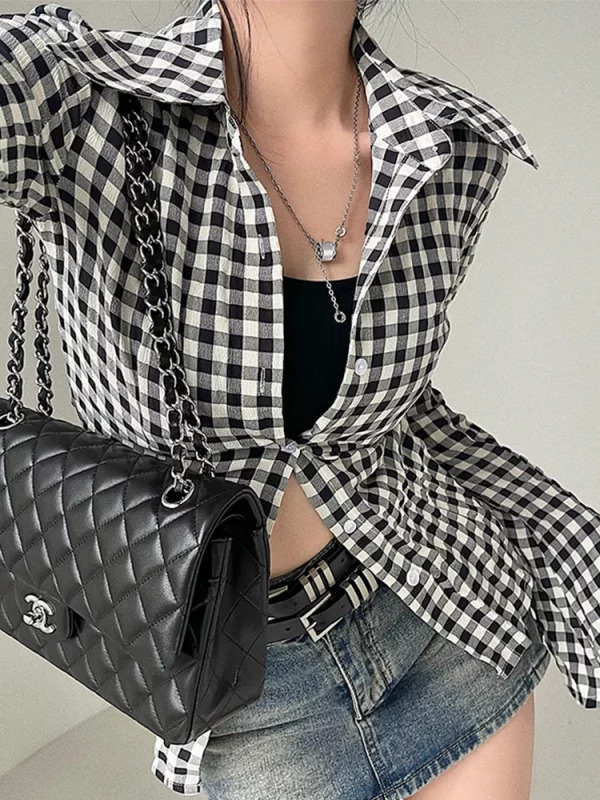 Y2K Streetwear Plaid Shirt: Korean Fashion Gyaru Long Sleeve Tunic Blouse - Ins Street Chic Coquette