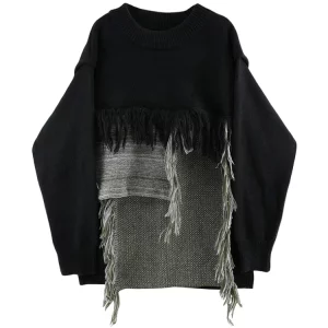 Y2K Streetwear Tassel Knit Pullover with Contrast Patchwork