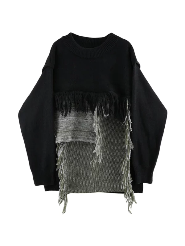 Y2K Streetwear Tassel Knit Pullover with Contrast Patchwork