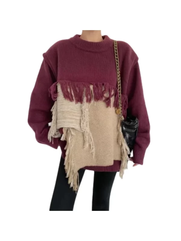 Y2K Streetwear Tassel Knit Pullover with Contrast Patchwork