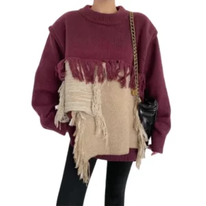 Y2K Streetwear Tassel Knit Pullover with Contrast Patchwork