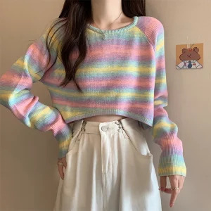 Y2K Striped Cropped Sweater - Autumn Women's Streetwear Fashion