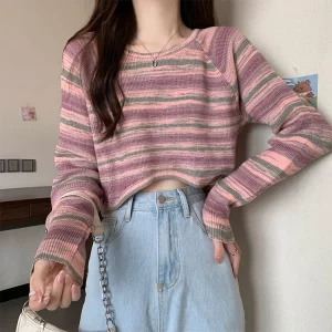 Y2K Striped Cropped Sweater - Autumn Women's Streetwear Fashion