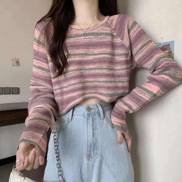 Y2K Striped Cropped Sweater - Autumn Women's Streetwear Fashion