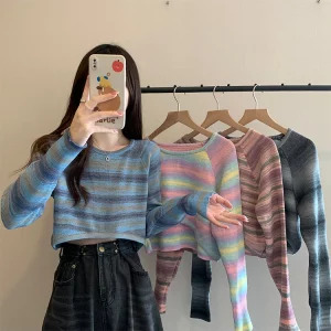 Y2K Striped Cropped Sweater - Autumn Women's Streetwear Fashion