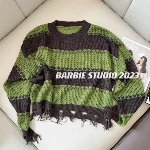 Y2K Striped Cropped Sweater: Autumn Hollow Out O-Neck Pullover - Baddie Style Street