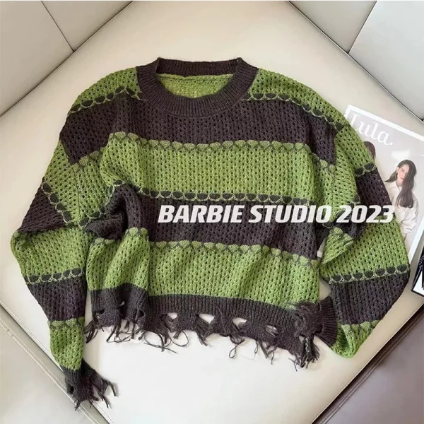 Y2K Striped Cropped Sweater: Autumn Hollow Out O-Neck Pullover - Baddie Style Street