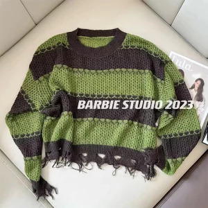 Y2K Striped Cropped Sweater: Autumn Hollow Out O-Neck Pullover - Baddie Style Street