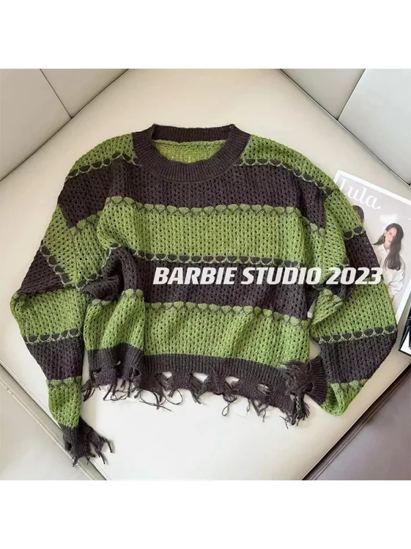 Y2K Striped Cropped Sweater: Autumn Hollow Out O-Neck Pullover - Baddie Style Street