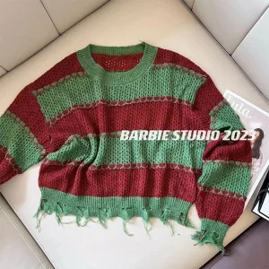 Y2K Striped Cropped Sweater: Autumn Hollow Out O-Neck Pullover - Baddie Style Street